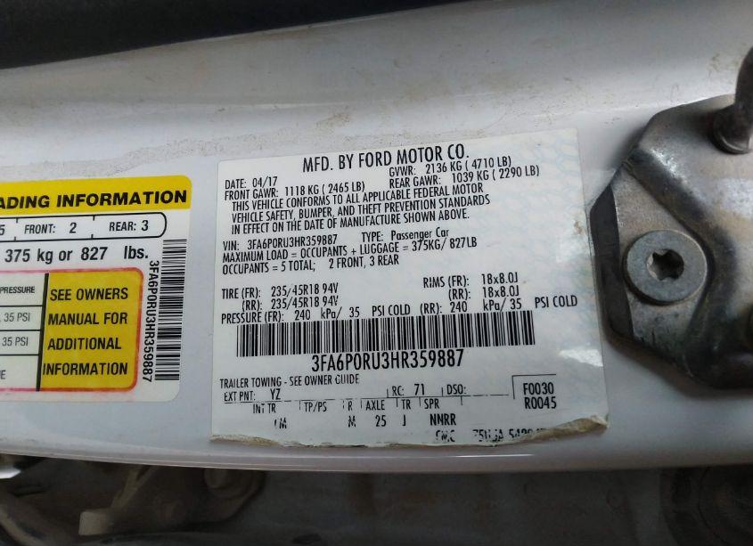 Photo 9 of 2017 Ford Fusion HYBRID TITANIUM (VIN 3FA6P0RU3HR359887)