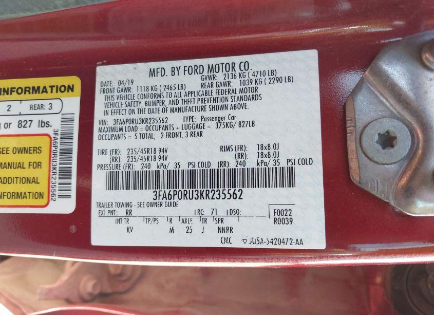 Photo 9 of 2019 Ford Fusion HYBRID TITANIUM (VIN 3FA6P0RU3KR235562)