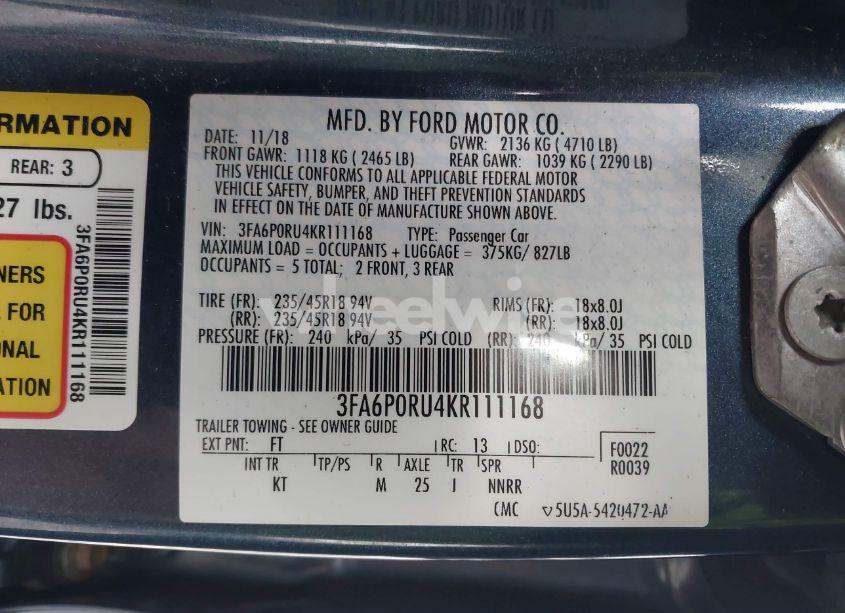 Photo 9 of 2019 Ford Fusion HYBRID TITANIUM (VIN 3FA6P0RU4KR111168)