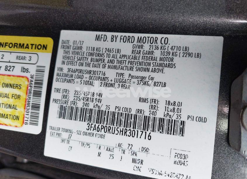 Photo 9 of 2017 Ford Fusion HYBRID TITANIUM (VIN 3FA6P0RU5HR301716)