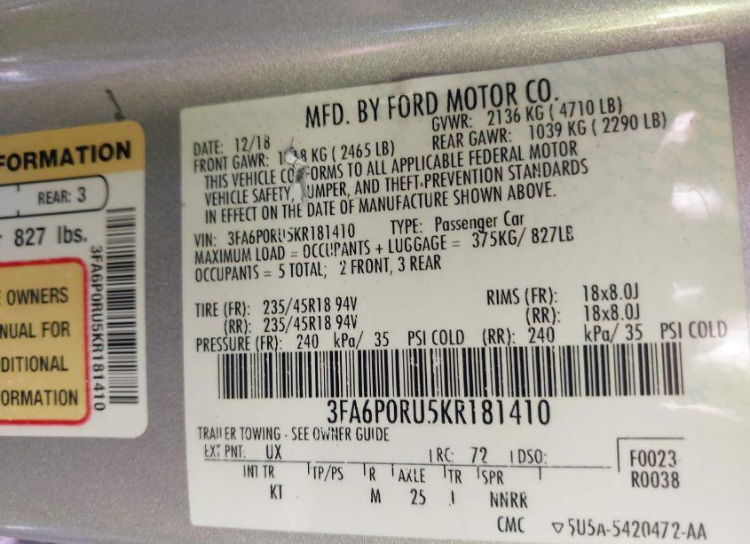 Photo 9 of 2019 Ford Fusion HYBRID TITANIUM (VIN 3FA6P0RU5KR181410)