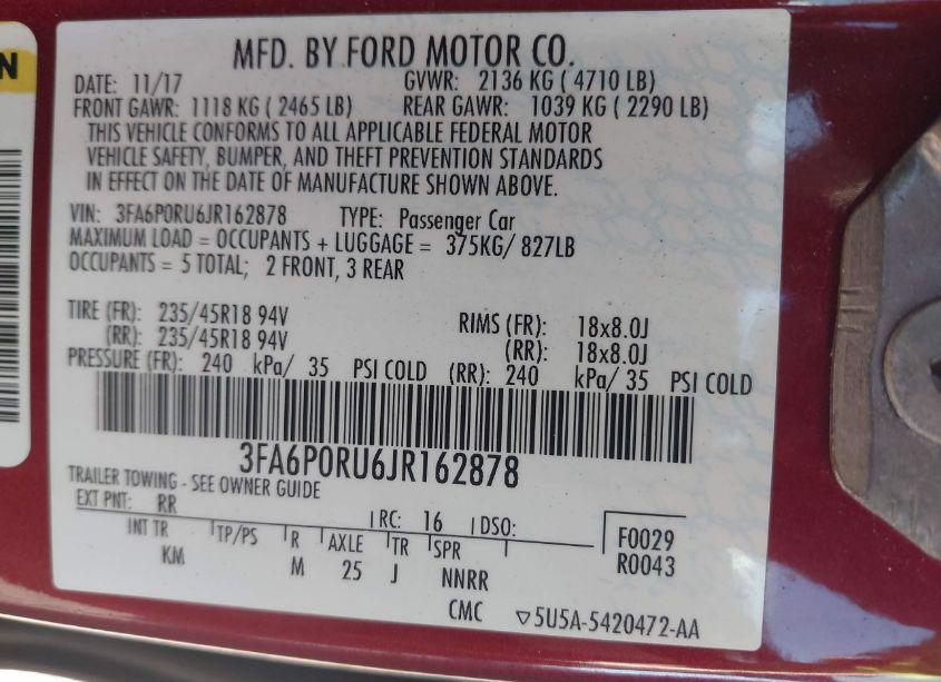 Photo 9 of 2018 Ford Fusion HYBRID TITANIUM (VIN 3FA6P0RU6JR162878)