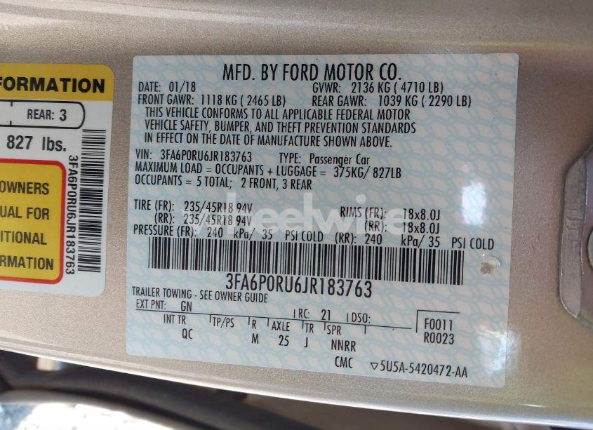 Photo 9 of 2018 Ford Fusion HYBRID PLATINUM (VIN 3FA6P0RU6JR183763)