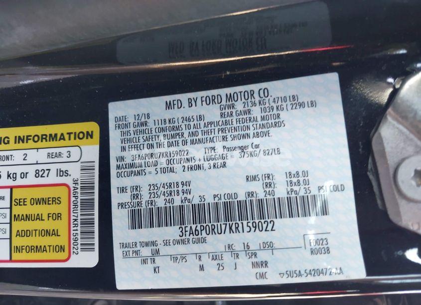 Photo 9 of 2019 Ford Fusion HYBRID TITANIUM (VIN 3FA6P0RU7KR159022)