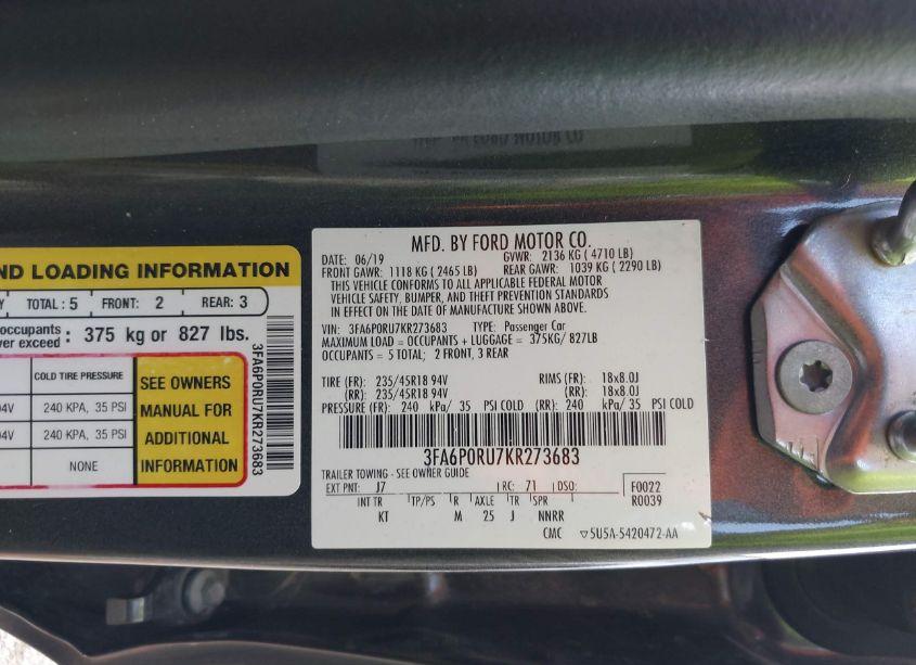 Photo 9 of 2019 Ford Fusion HYBRID TITANIUM (VIN 3FA6P0RU7KR273683)