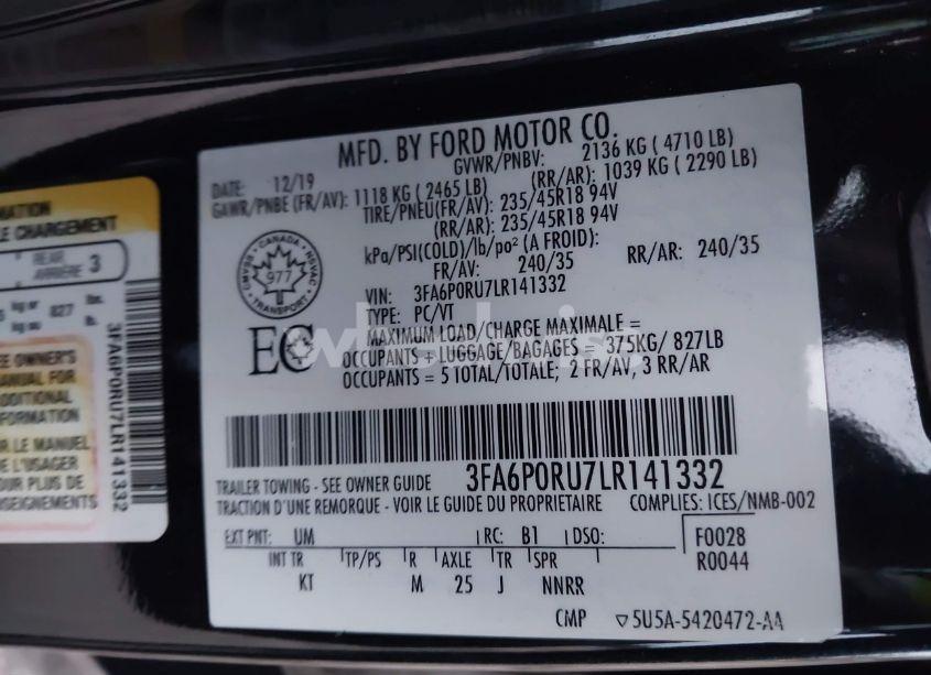 Photo 9 of 2020 Ford Fusion HYBRID TITANIUM (VIN 3FA6P0RU7LR141332)