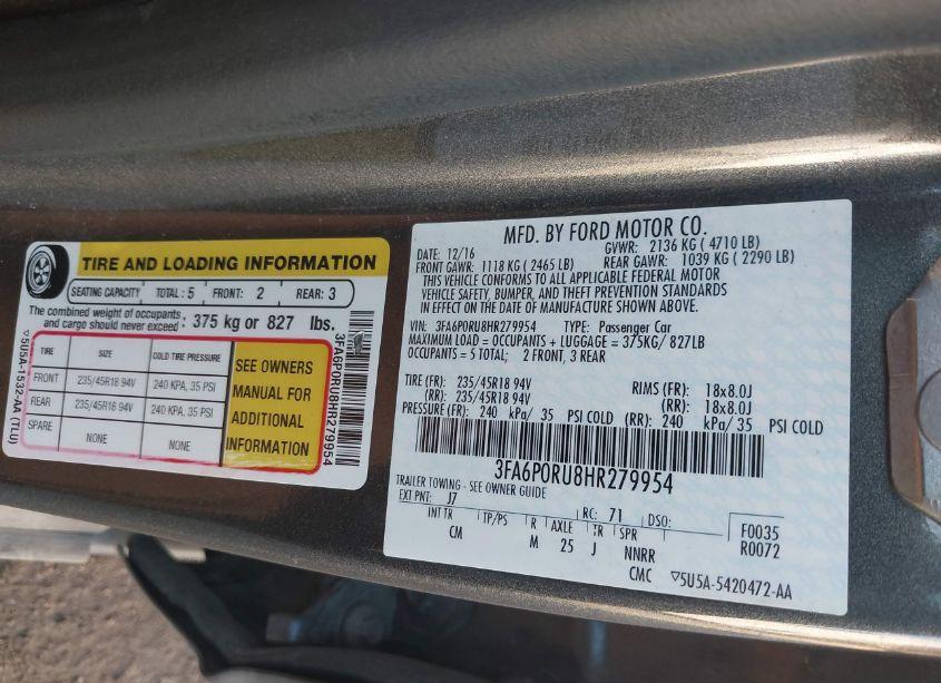 Photo 9 of 2017 Ford Fusion HYBRID TITANIUM (VIN 3FA6P0RU8HR279954)