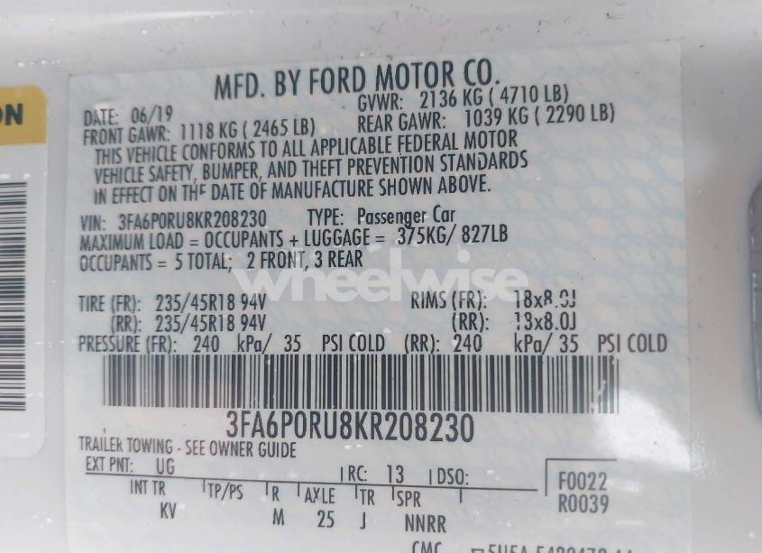 Photo 9 of 2019 Ford Fusion HYBRID TITANIUM (VIN 3FA6P0RU8KR208230)