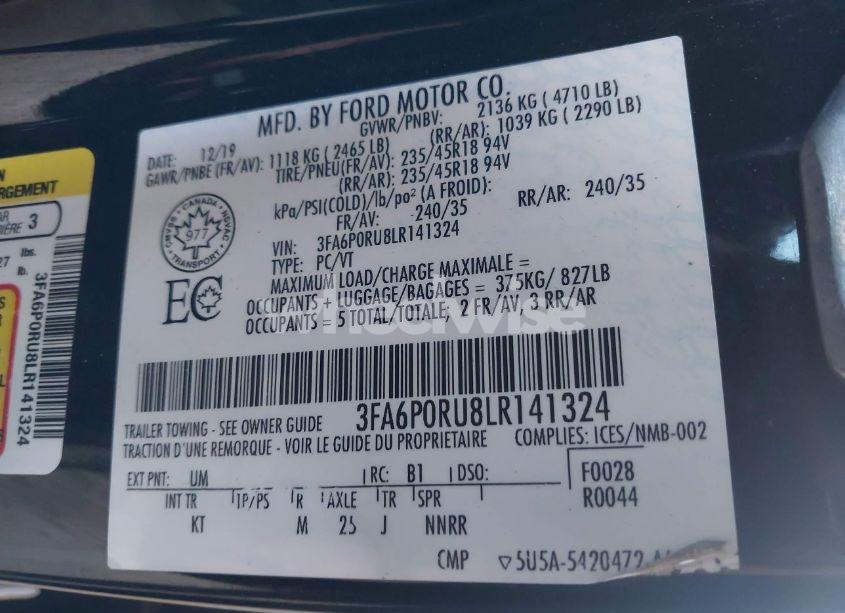 Photo 9 of 2020 Ford Fusion HYBRID TITANIUM (VIN 3FA6P0RU8LR141324)