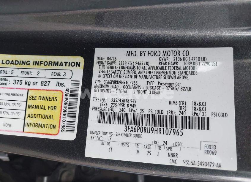 Photo 9 of 2017 Ford Fusion HYBRID TITANIUM (VIN 3FA6P0RU9HR107965)