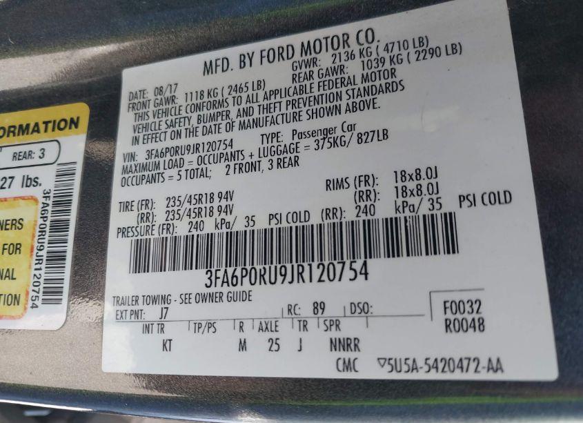 Photo 9 of 2018 Ford Fusion HYBRID TITANIUM (VIN 3FA6P0RU9JR120754)