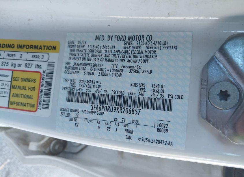 Photo 9 of 2019 Ford Fusion HYBRID TITANIUM (VIN 3FA6P0RU9KR206857)