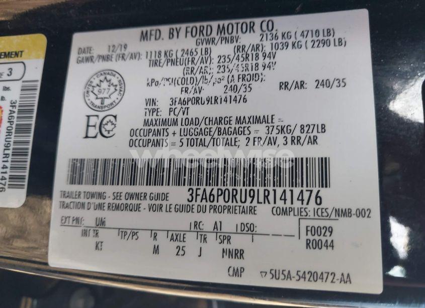 Photo 9 of 2020 Ford Fusion HYBRID TITANIUM (VIN 3FA6P0RU9LR141476)