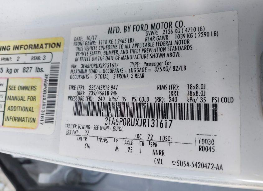 Photo 9 of 2018 Ford Fusion HYBRID TITANIUM (VIN 3FA6P0RUXJR131617)