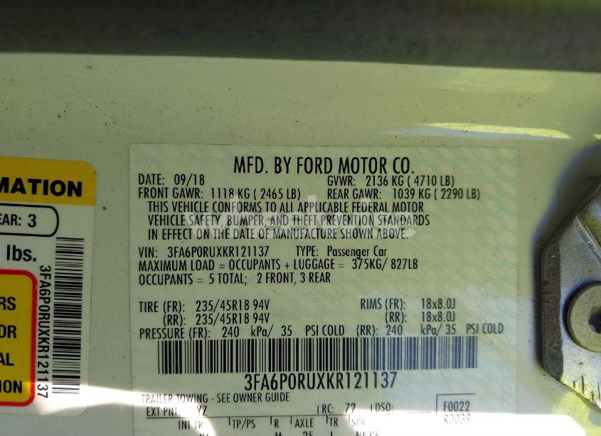 Photo 9 of 2019 Ford Fusion HYBRID TITANIUM (VIN 3FA6P0RUXKR121137)