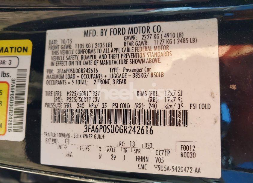 Photo 9 of 2016 Ford Fusion ENERGI TITANIUM (VIN 3FA6P0SU0GR242616)