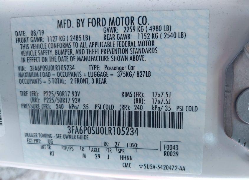 Photo 9 of 2020 Ford Fusion TITANIUM (VIN 3FA6P0SU0LR105234)