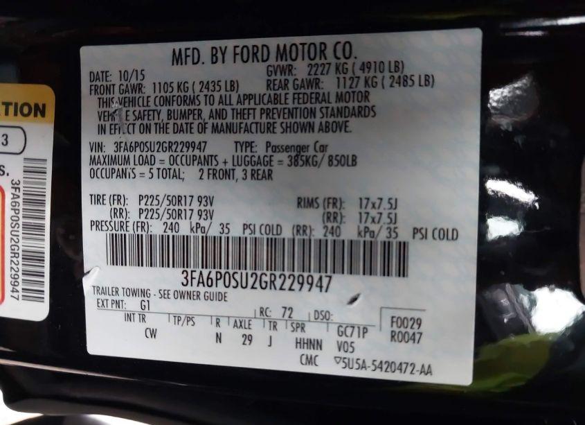 Photo 9 of 2016 Ford Fusion ENERGI TITANIUM (VIN 3FA6P0SU2GR229947)