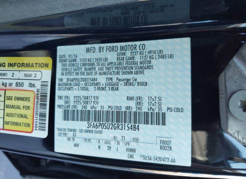 Photo 9 of 2016 Ford Fusion ENERGI TITANIUM (VIN 3FA6P0SU2GR315484)