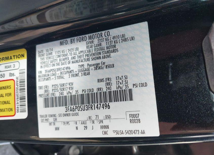 Photo 9 of 2015 Ford Fusion ENERGI TITANIUM (VIN 3FA6P0SU3FR147496)