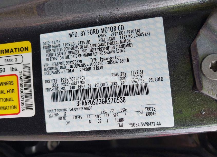 Photo 9 of 2016 Ford Fusion ENERGI TITANIUM (VIN 3FA6P0SU3GR270538)