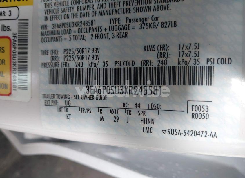 Photo 9 of 2019 Ford Fusion ENERGI TITANIUM (VIN 3FA6P0SU3KR248581)