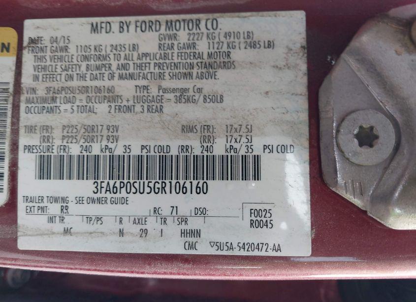 Photo 9 of 2016 Ford Fusion ENERGI TITANIUM (VIN 3FA6P0SU5GR106160)