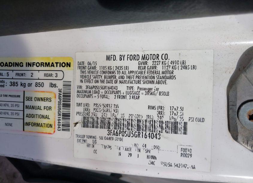 Photo 9 of 2016 Ford Fusion ENERGI TITANIUM (VIN 3FA6P0SU5GR164043)