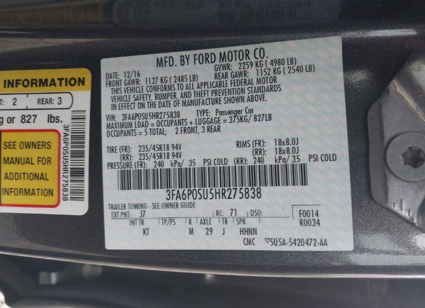 Photo 9 of 2017 Ford Fusion ENERGI TITANIUM (VIN 3FA6P0SU5HR275838)