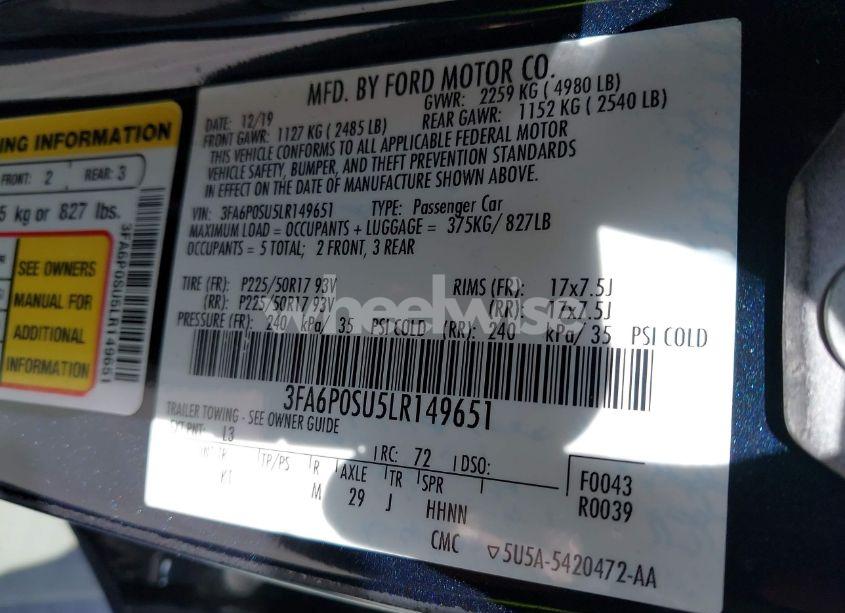 Photo 9 of 2020 Ford Fusion PLUG-IN HYBRID TITANIUM (VIN 3FA6P0SU5LR149651)