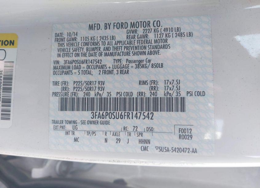 Photo 9 of 2015 Ford Fusion ENERGI TITANIUM (VIN 3FA6P0SU6FR147542)