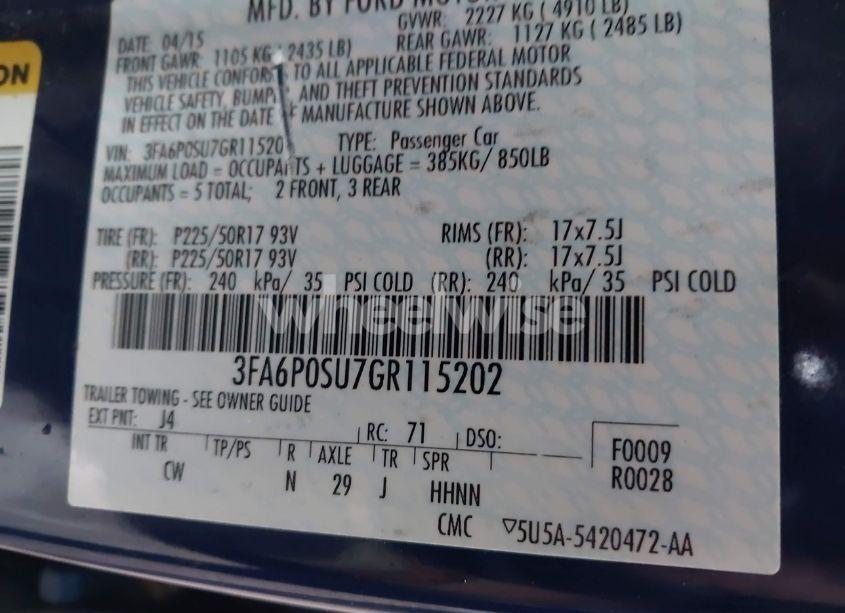 Photo 9 of 2016 Ford Fusion ENERGI TITANIUM (VIN 3FA6P0SU7GR115202)