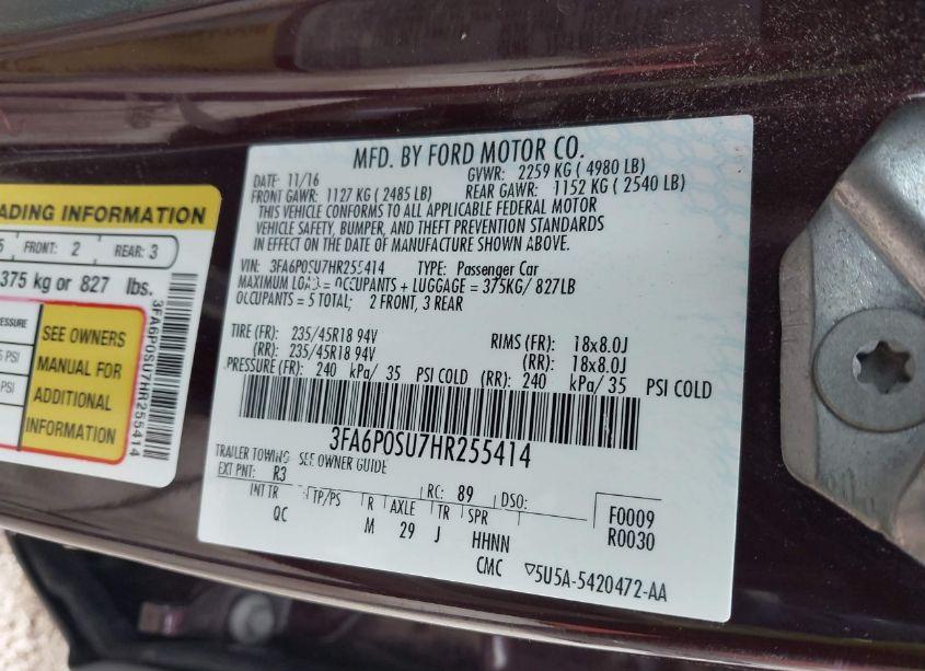 Photo 9 of 2017 Ford Fusion ENERGI PLATINUM (VIN 3FA6P0SU7HR255414)