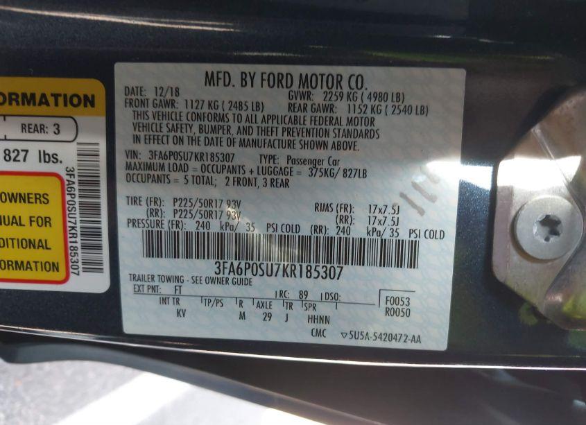 Photo 9 of 2019 Ford Fusion ENERGI TITANIUM (VIN 3FA6P0SU7KR185307)