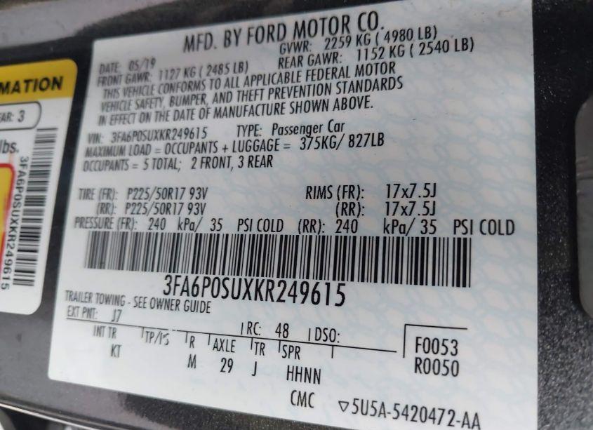 Photo 9 of 2019 Ford Fusion ENERGI TITANIUM (VIN 3FA6P0SUXKR249615)