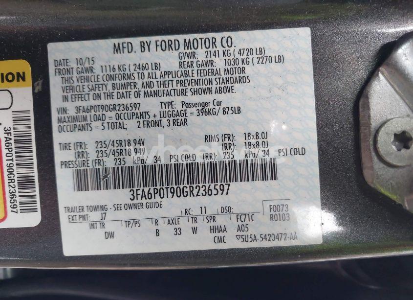 Photo 9 of 2016 Ford Fusion SE (VIN 3FA6P0T90GR236597)