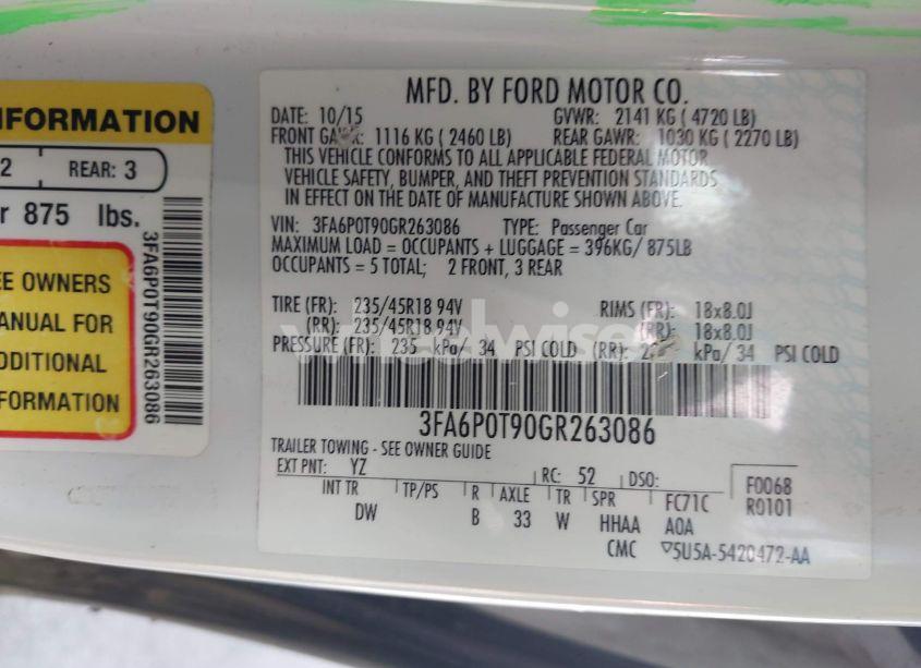 Photo 9 of 2016 Ford Fusion SE (VIN 3FA6P0T90GR263086)