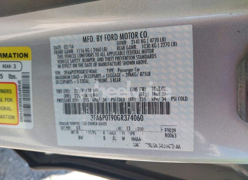 Photo 9 of 2016 Ford Fusion SE (VIN 3FA6P0T90GR374060)