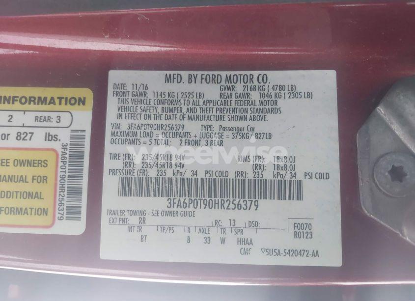 Photo 9 of 2017 Ford Fusion SE (VIN 3FA6P0T90HR256379)