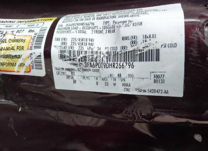 Photo 9 of 2017 Ford Fusion SE (VIN 3FA6P0T90HR266796)