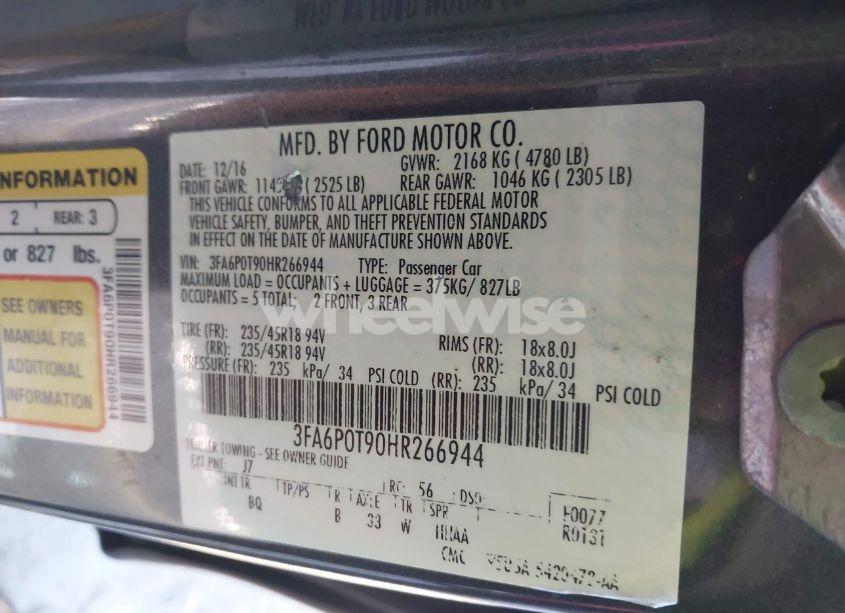 Photo 9 of 2017 Ford Fusion SE (VIN 3FA6P0T90HR266944)