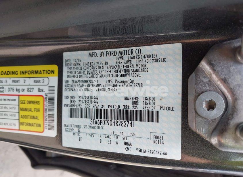 Photo 9 of 2017 Ford Fusion SE (VIN 3FA6P0T90HR282741)