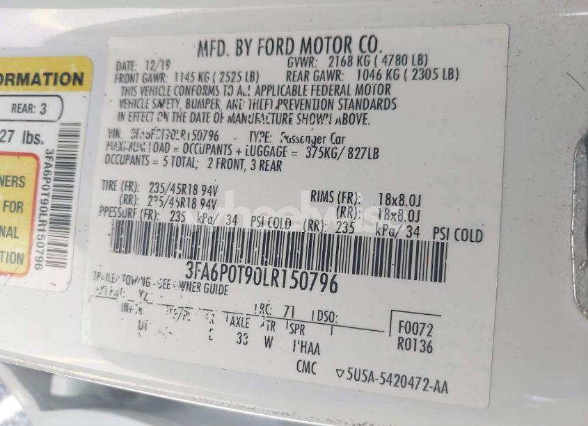 Photo 9 of 2020 Ford Fusion SE (VIN 3FA6P0T90LR150796)