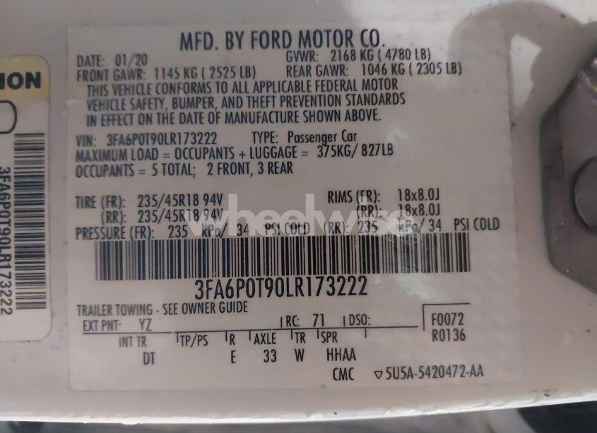 Photo 9 of 2020 Ford Fusion SE (VIN 3FA6P0T90LR173222)