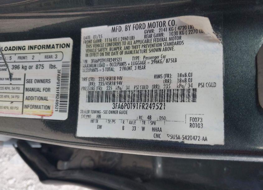 Photo 9 of 2015 Ford Fusion SE (VIN 3FA6P0T91FR249521)