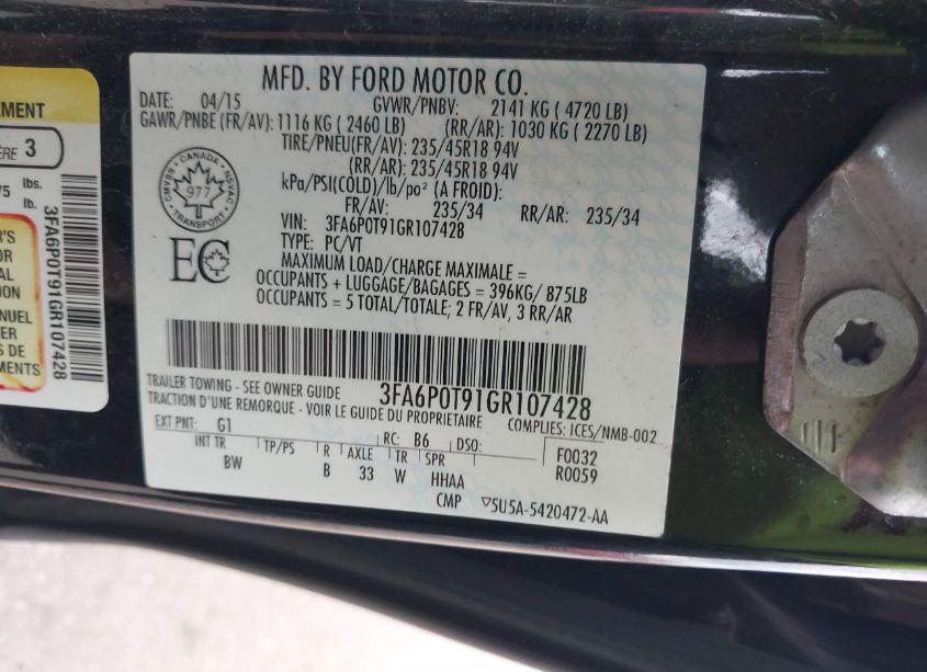 Photo 9 of 2016 Ford Fusion SE (VIN 3FA6P0T91GR107428)