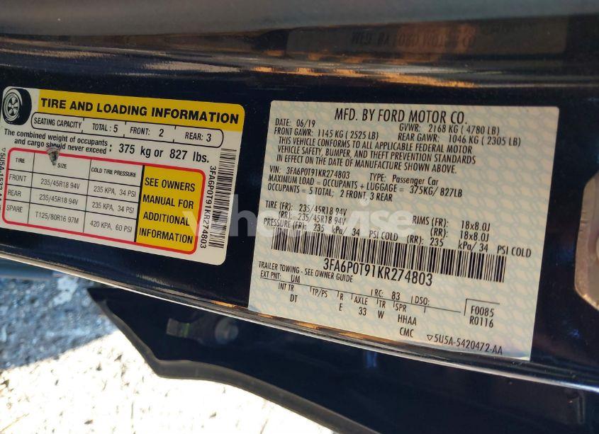 Photo 9 of 2019 Ford Fusion SE (VIN 3FA6P0T91KR274803)