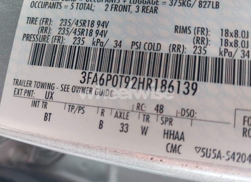 Photo 9 of 2017 Ford Fusion SE (VIN 3FA6P0T92HR186139)