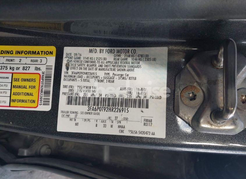 Photo 9 of 2017 Ford Fusion SE (VIN 3FA6P0T92HR226915)