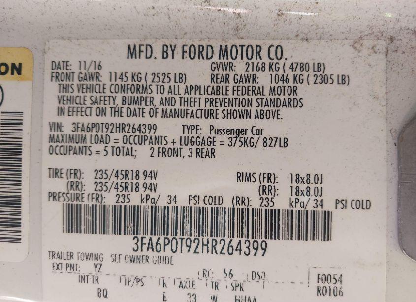 Photo 9 of 2017 Ford Fusion SE (VIN 3FA6P0T92HR264399)